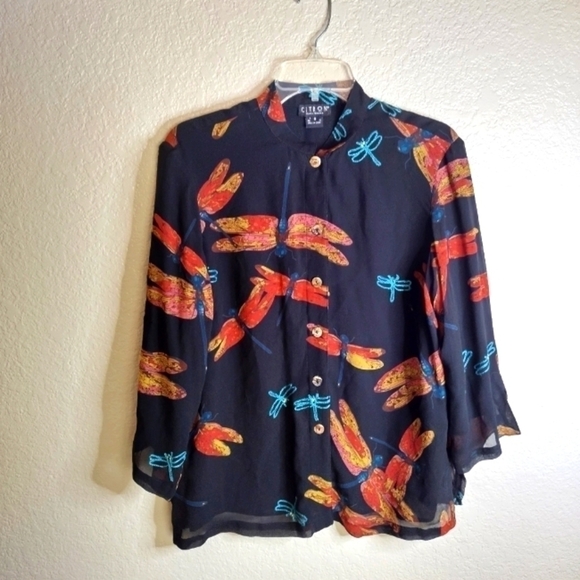 Citron Santa Monica silk dragonfly print button down blouse sz S - Picture 1 of 7